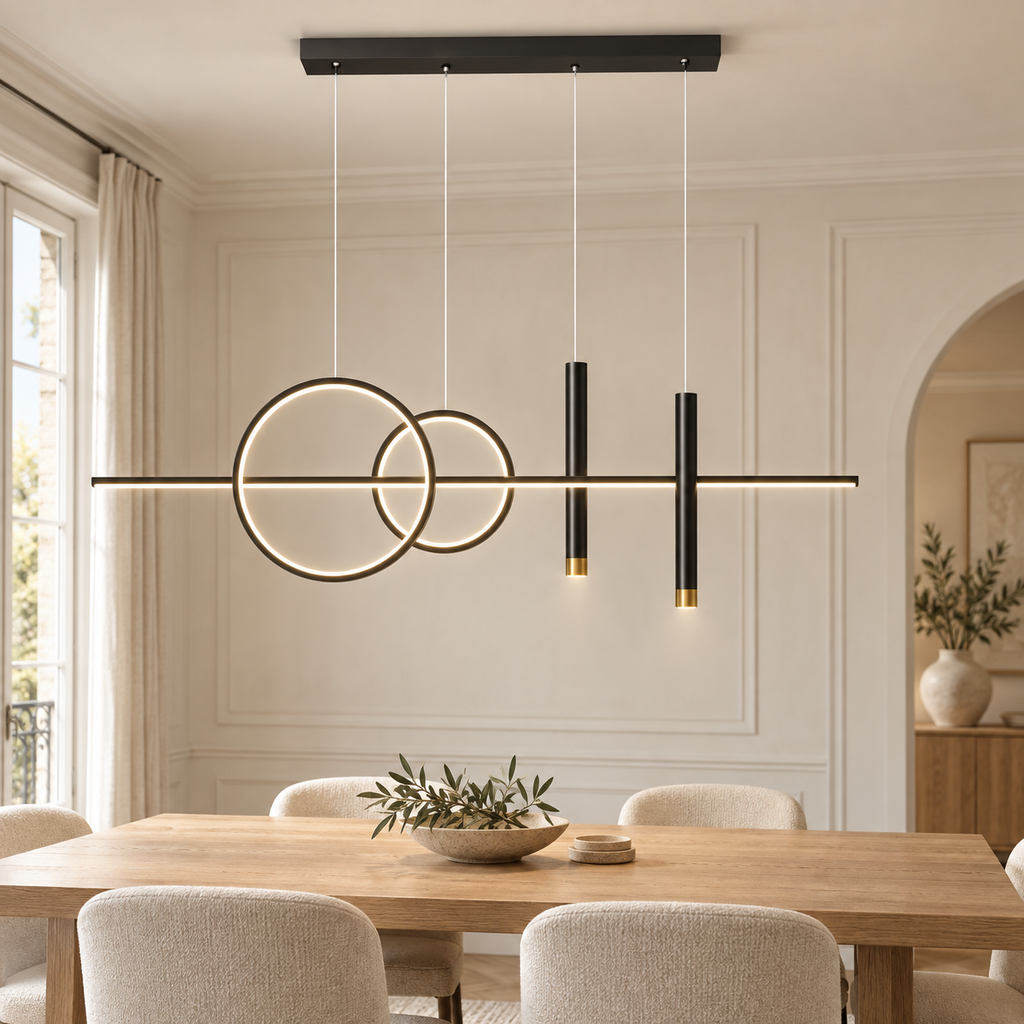 Suspension LED à anneaux noire dans une salle à manger