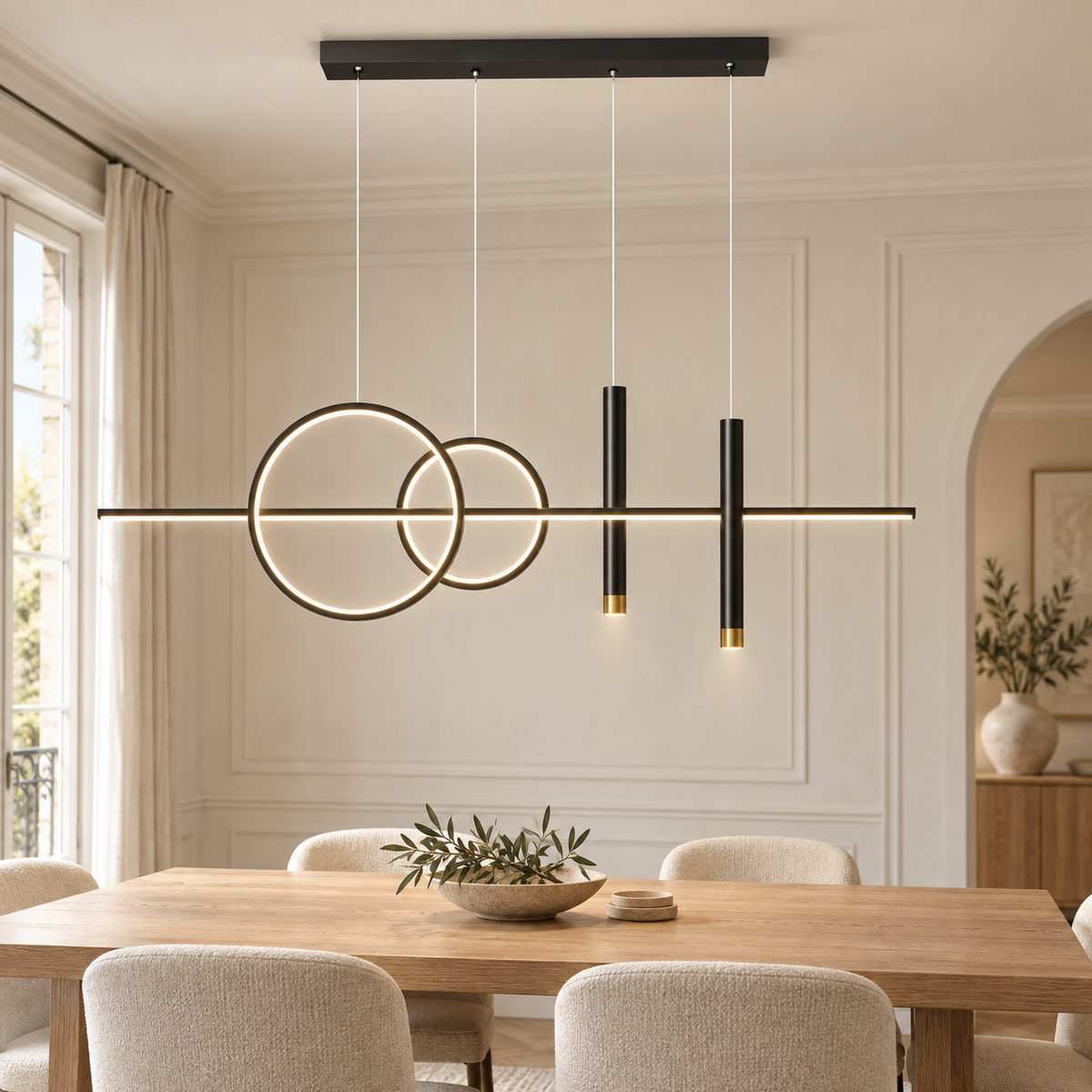 Suspension LED à anneaux noire dans une salle à manger