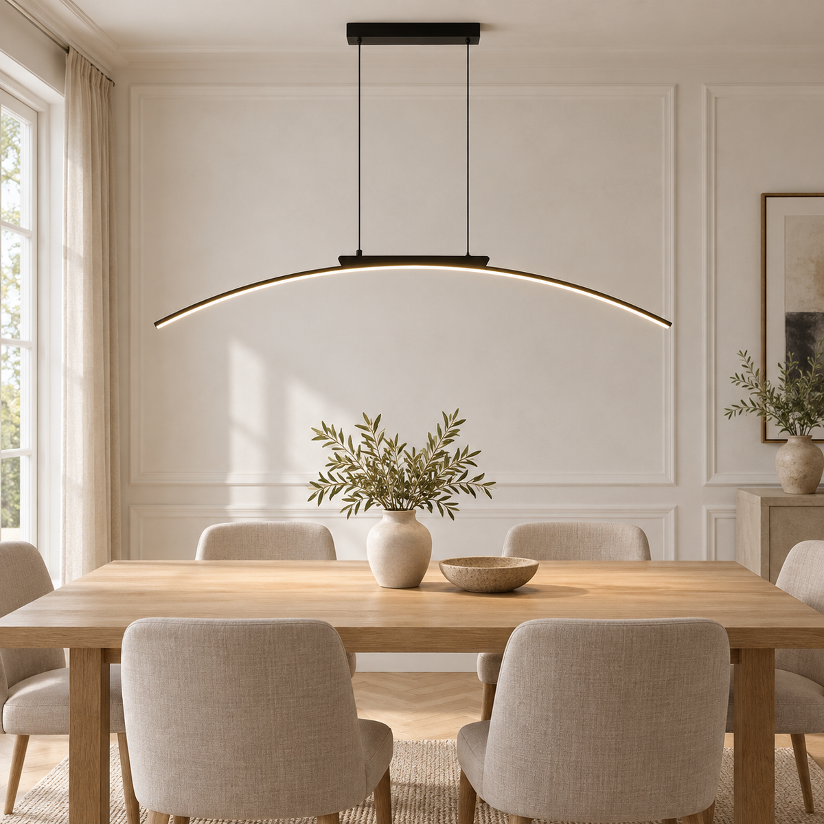 Suspension LED en arc noire dans une salle à manger — mise en situation illustrative