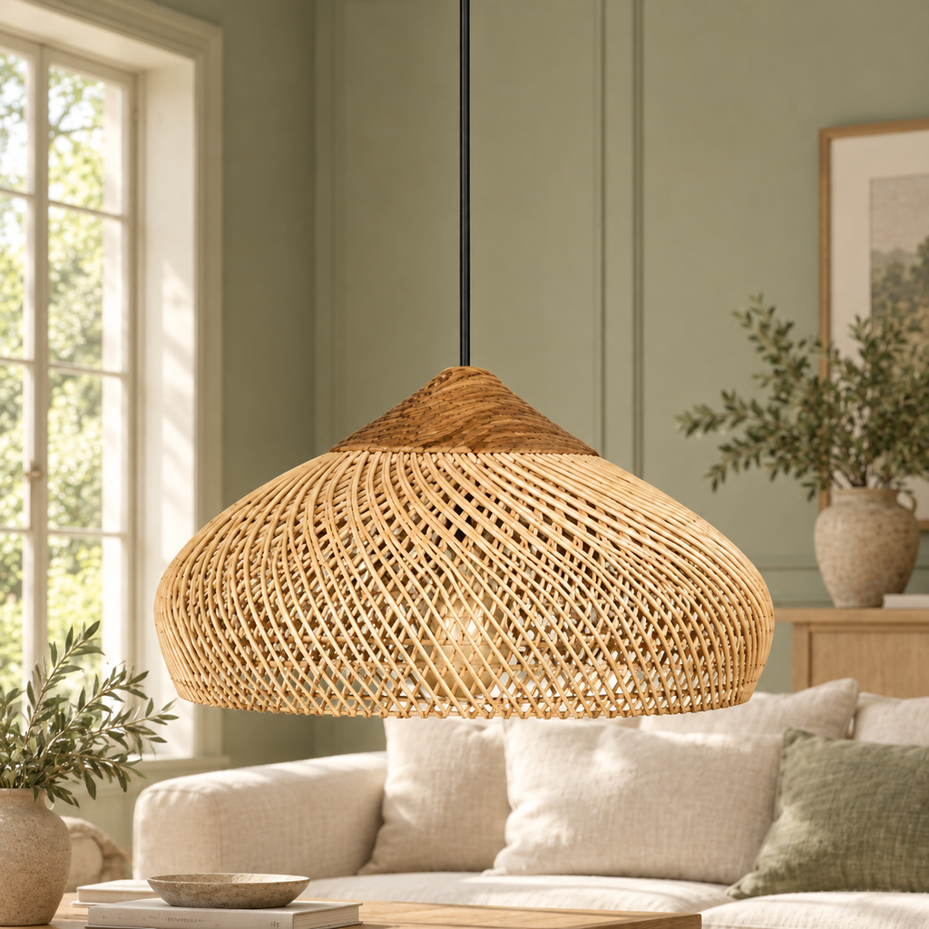 Suspension à abat-jour tressé arrondi dans un décor salon sauge
