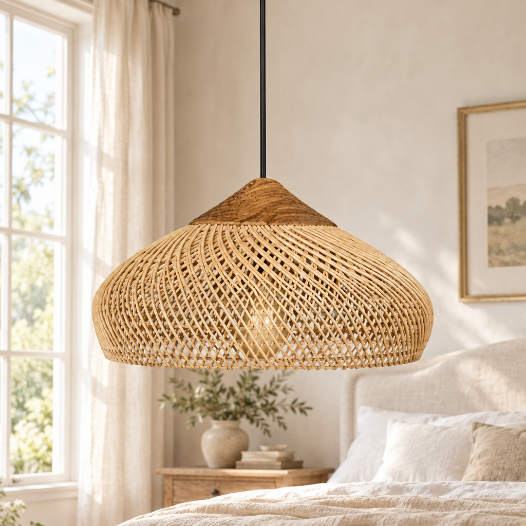 Suspension à abat-jour tressé arrondi dans un décor chambre lin