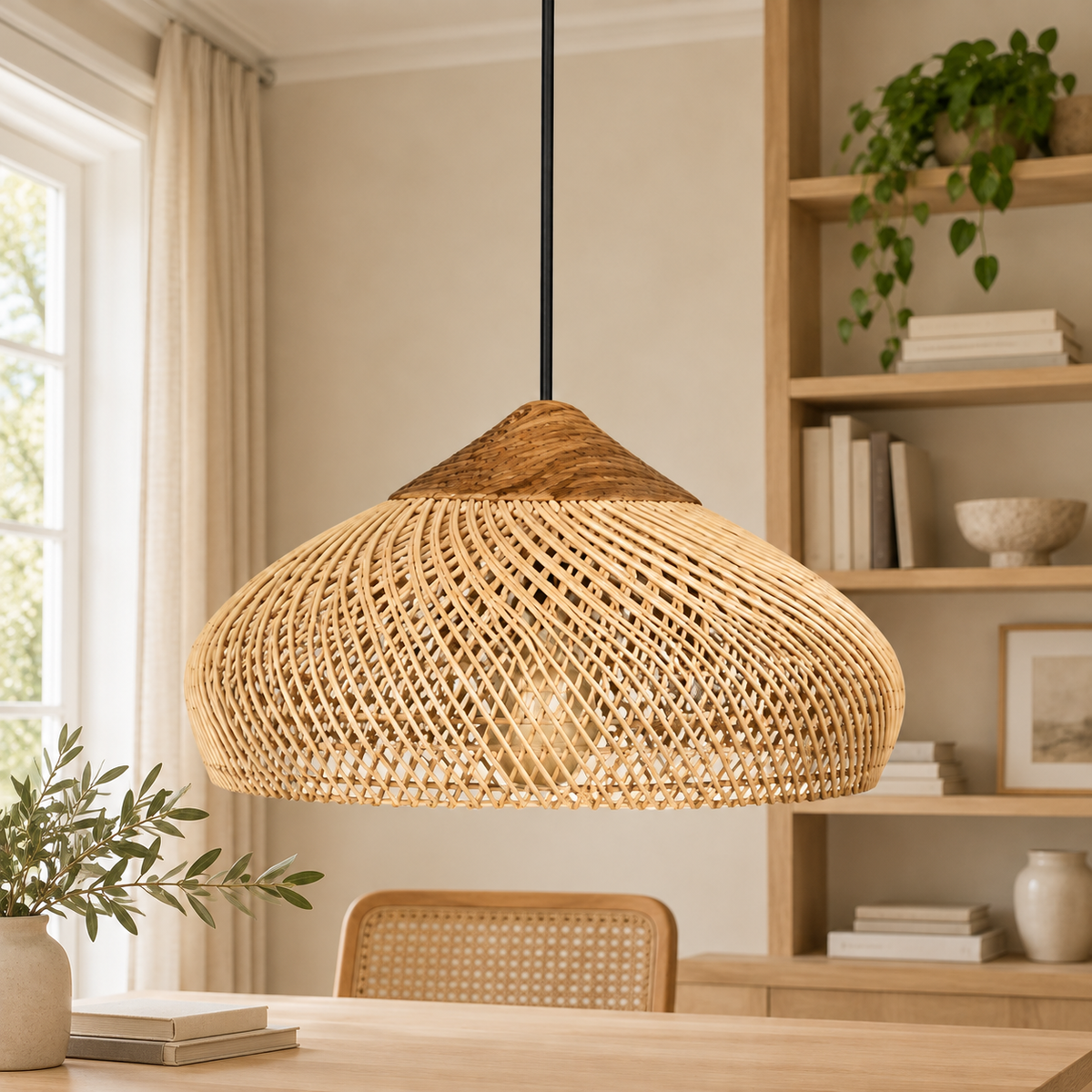 Suspension à abat-jour tressé arrondi dans un décor bureau clair