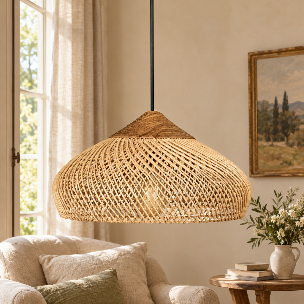Suspension à abat-jour tressé arrondi dans un décor lecture beige
