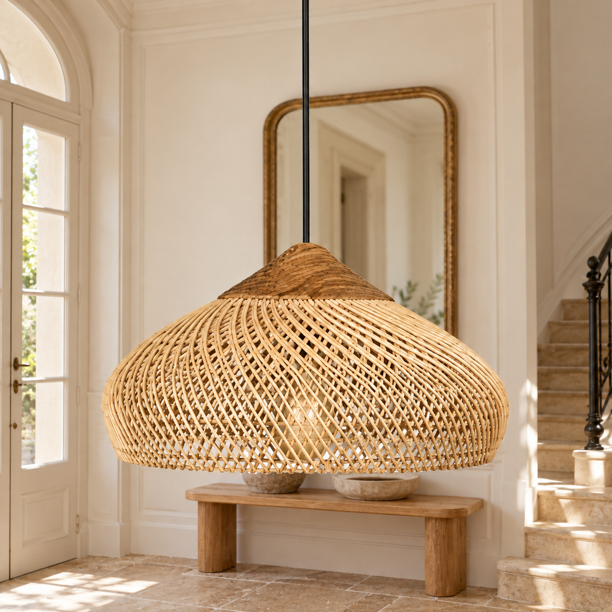 Suspension à abat-jour tressé arrondi dans un décor entree pierre