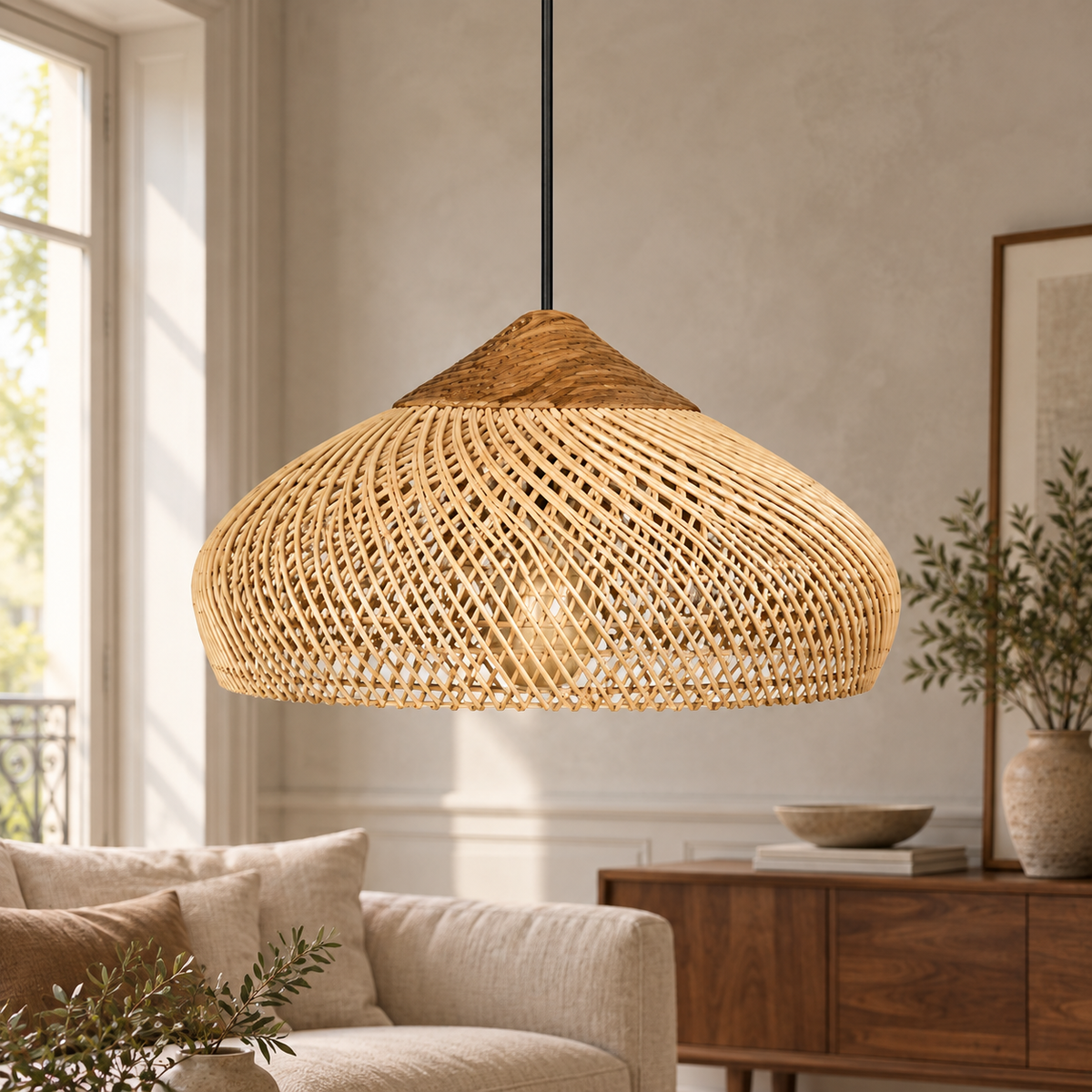Suspension à abat-jour tressé arrondi dans un décor salon loft