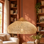 Suspension à abat-jour tressé arrondi dans un décor bibliotheque terracotta