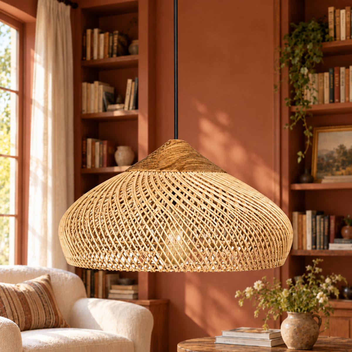 Suspension à abat-jour tressé arrondi dans un décor bibliotheque terracotta