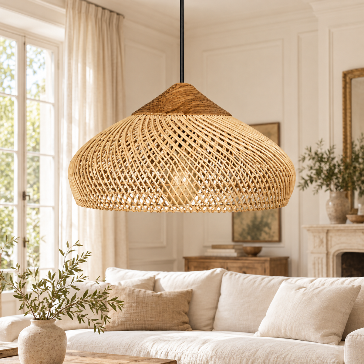 Suspension à abat-jour tressé arrondi dans un décor salon ivoire
