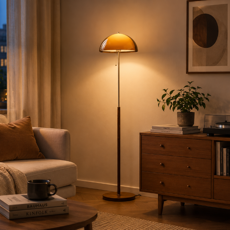 Lampadaire rétro à dôme orange dans un salon