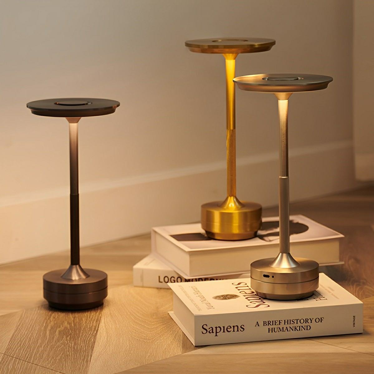 Lampe de Table Dimmable – Or/Argent/Noir, Design Moderne avec Fonction de Charge USB-C pour Salon ou Chambre