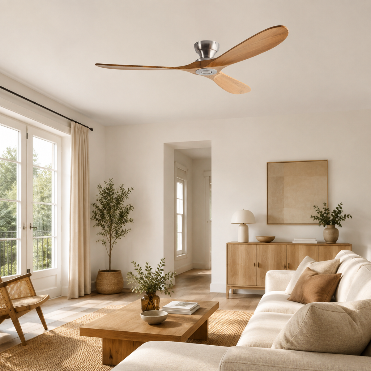 Ventilateur Bois naturel et argent dans un salon — mise en ambiance illustrative générée