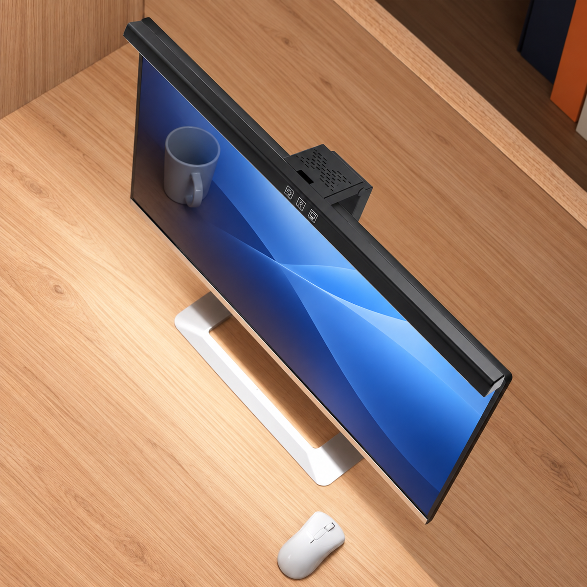 Viséo noir installé sur un écran, vue du dessus sur un bureau en bois. Visuel retouché par IA à partir des images du fournisseur.