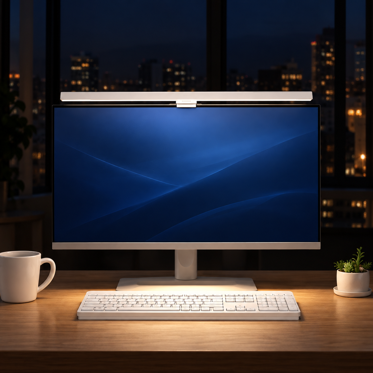 Viséo blanc sur un écran, dans une scène de bureau en soirée. Visuel retouché par IA à partir des images du fournisseur.