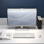 Viséo blanc sur un écran, avec un clavier et un livre sur un bureau clair. Visuel retouché par IA à partir des images du fournisseur.