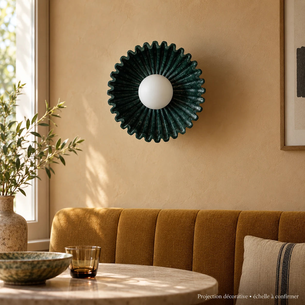 Volute — Projection au-dessus d’une banquette. Création illustrative fondée sur les références du modèle ; décor non inclus. Échelle illustrative, dimensions exactes à confirmer.