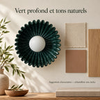 Volute — Choisir des associations avec le vert profond. Création illustrative fondée sur les références du modèle ; décor non inclus. Échelle illustrative, dimensions exactes à confirmer.