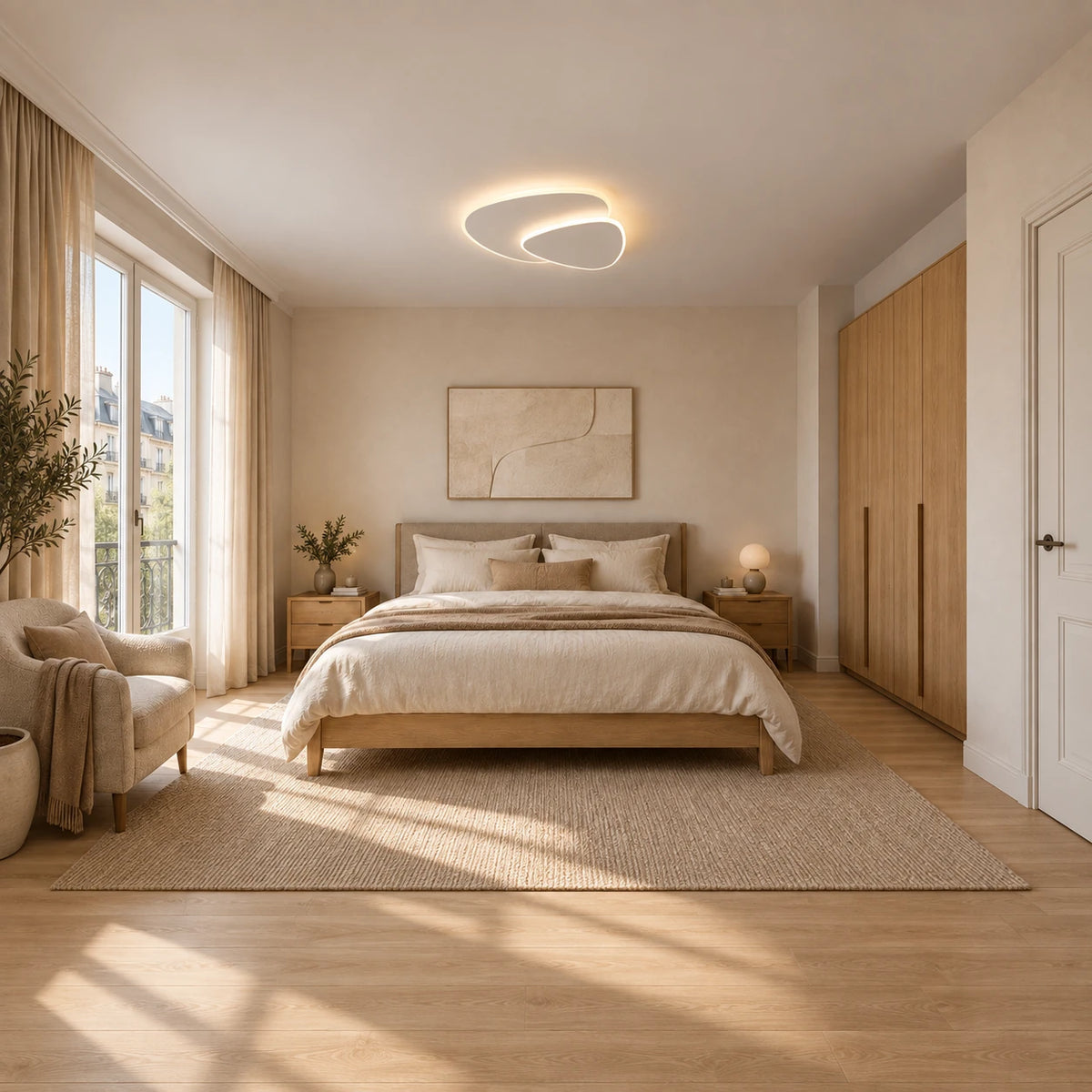 Zeno | Plafonnier LED géométrique blanc — Chambre parents — Mise en scène illustrative · Blanc chaud, 40 cm