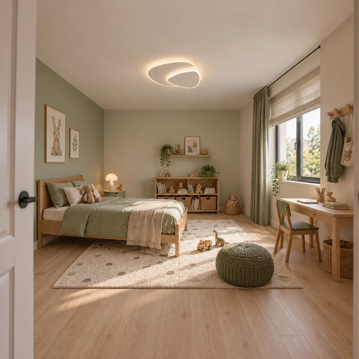Zeno | Plafonnier LED géométrique blanc — Chambre enfant — Mise en scène illustrative · Blanc chaud, 40 cm