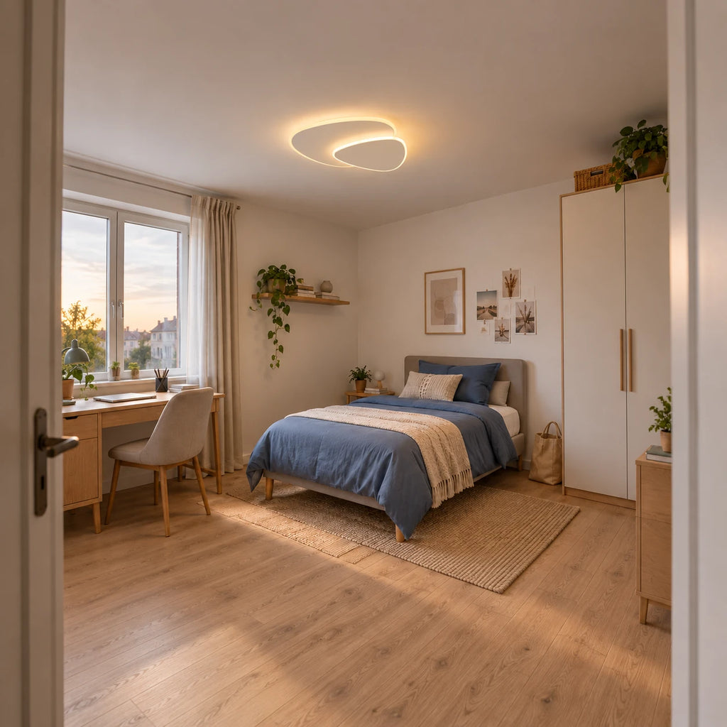 Zeno | Plafonnier LED géométrique blanc — Chambre étudiante — Mise en scène illustrative · Blanc chaud, 40 cm
