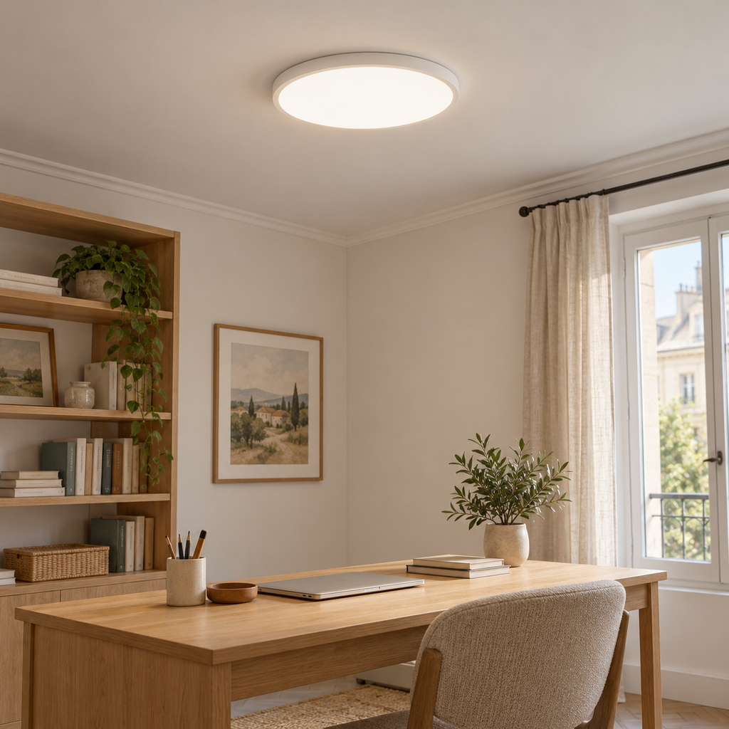 Zylo, plafonnier rond blanc à profil fin, dans un bureau aux tons naturels. Mise en scène générée ; décor non inclus.