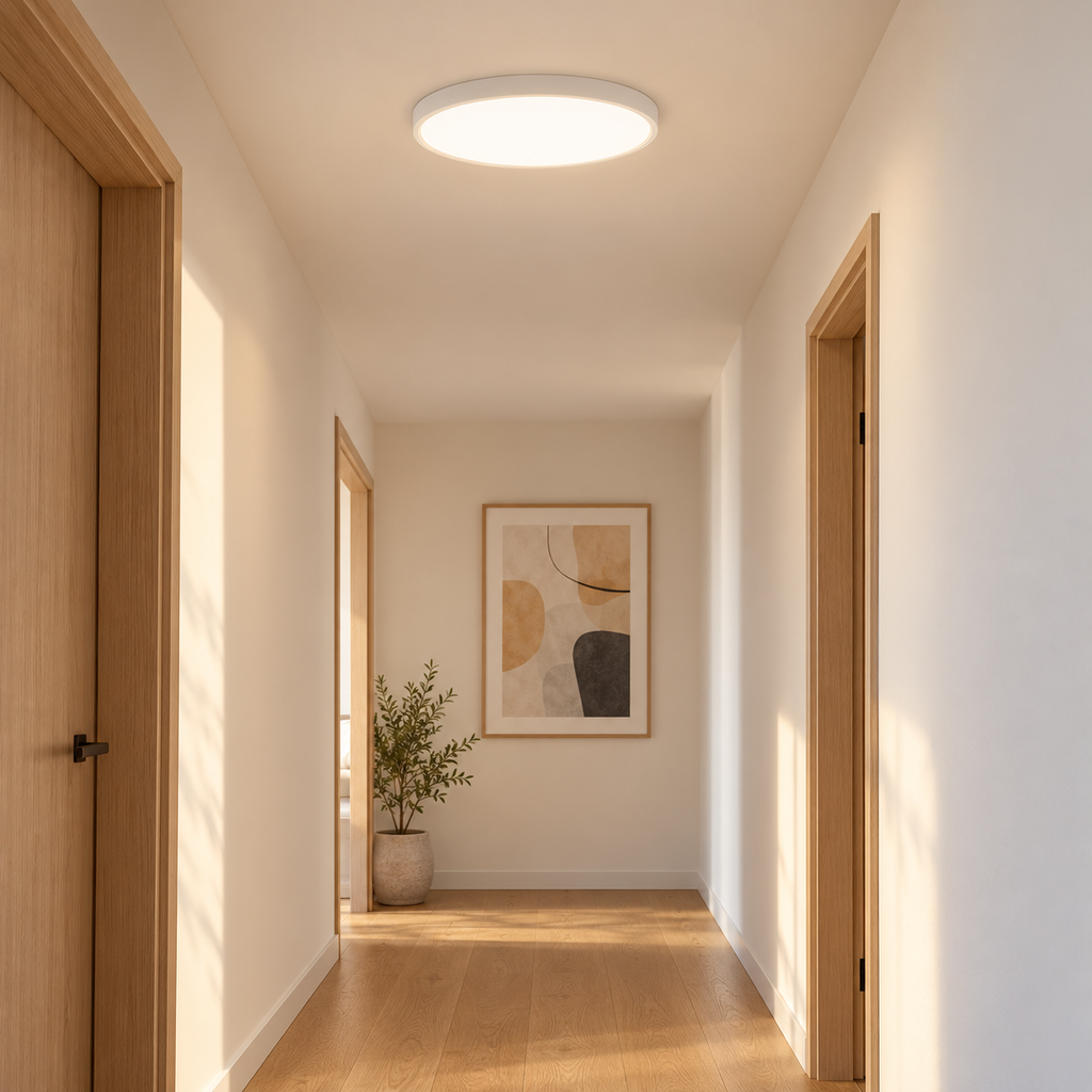 Zylo, plafonnier LED blanc extra-plat Ø 40 cm — couloir, mise en scène illustrative créée à partir du modèle.