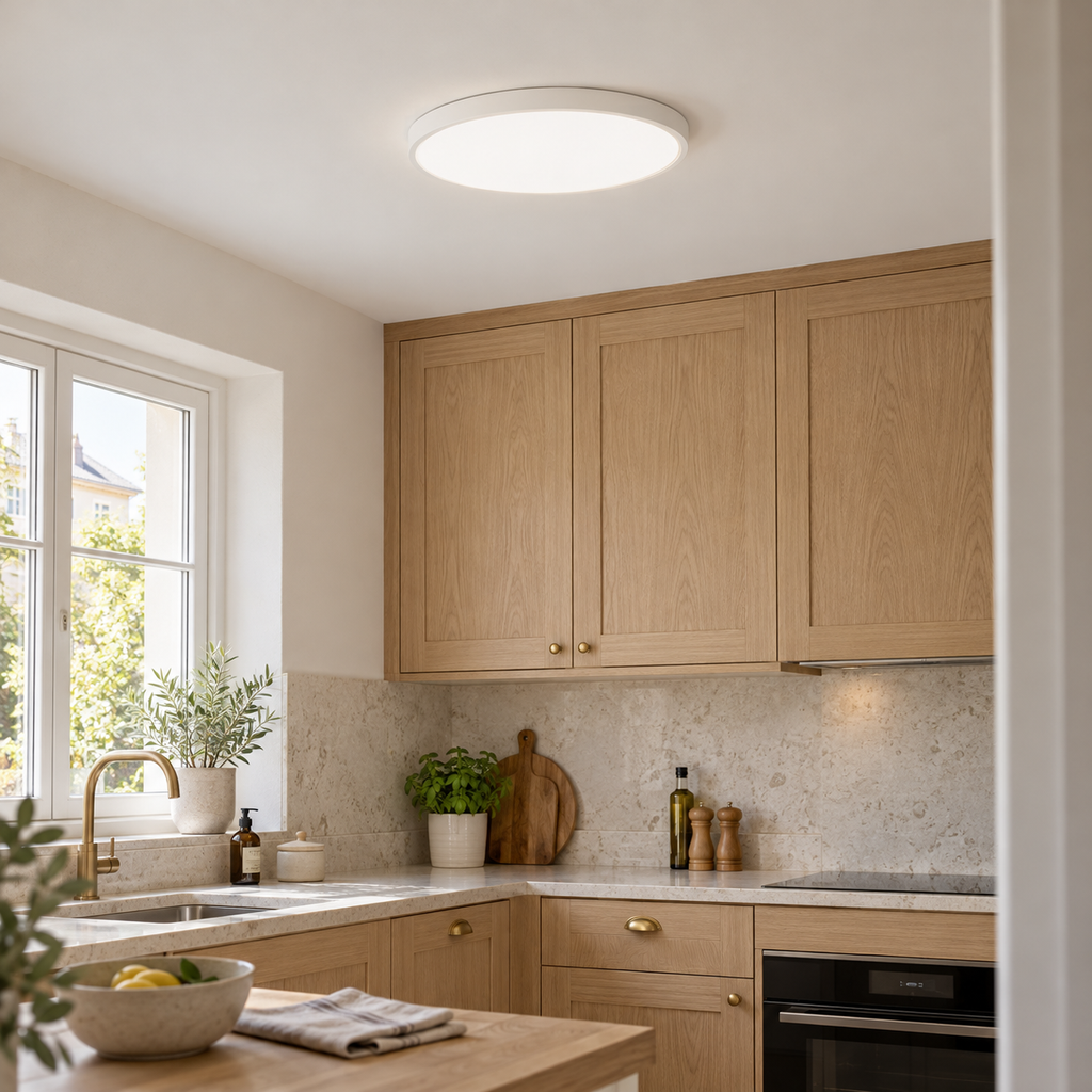 Zylo blanc — plafonnier plat dans une cuisine en bois clair, mise en situation illustrée