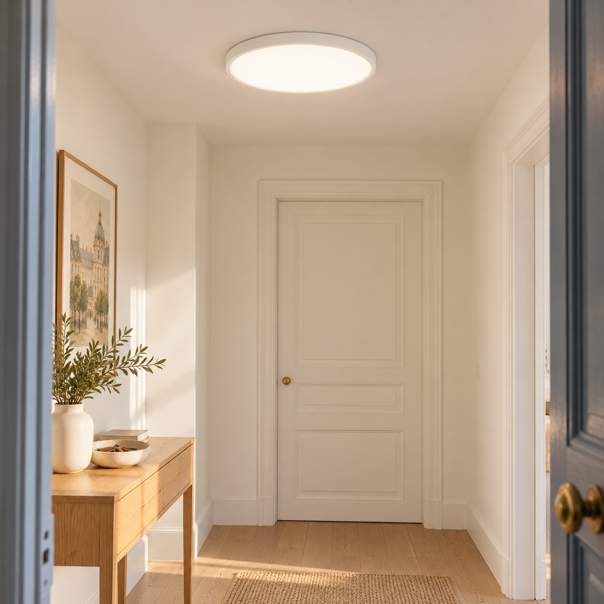 Zylo, plafonnier rond blanc à profil fin, dans une entrée aux tons naturels. Mise en scène générée ; décor non inclus.
